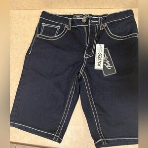 Classic Dark Blue Denim Shorts with White Stitching